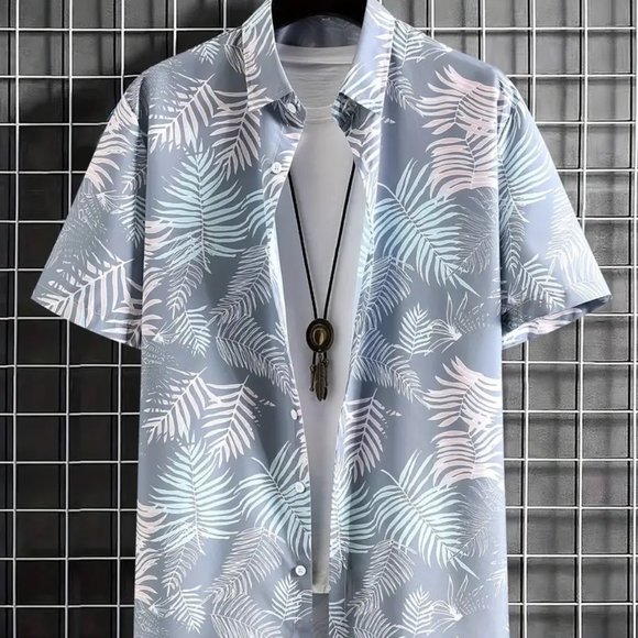 Other - Men's Colorful Gray Tropical Print Button Down Short Sleeve Hawaiian Shirt - NEW